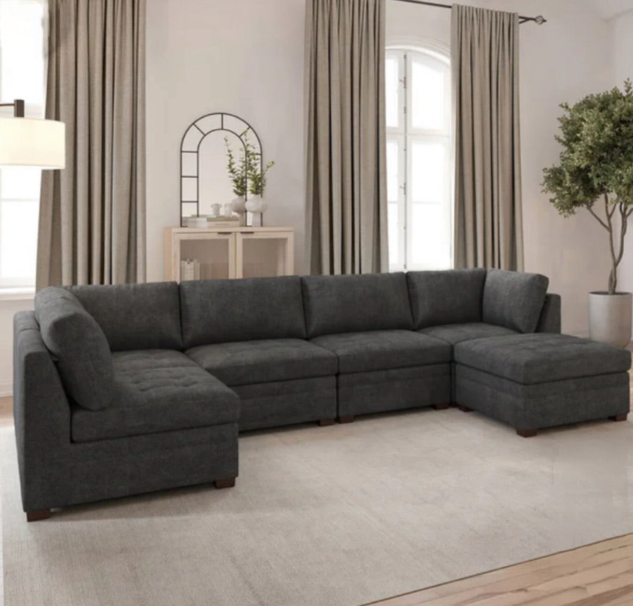 Thomasville Tisdale Modular Sectional 6-piece Dark Gray with Storage Ottoman & Armless Chair - Local Pick Up Only