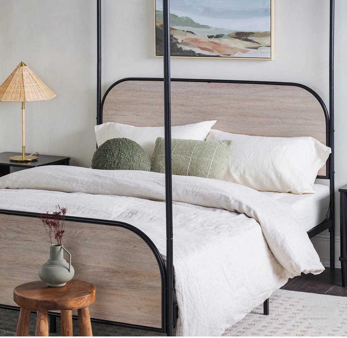 Industrial Bent Metal Queen Canopy Bed - Smoked Oak - Local Pick Up Only