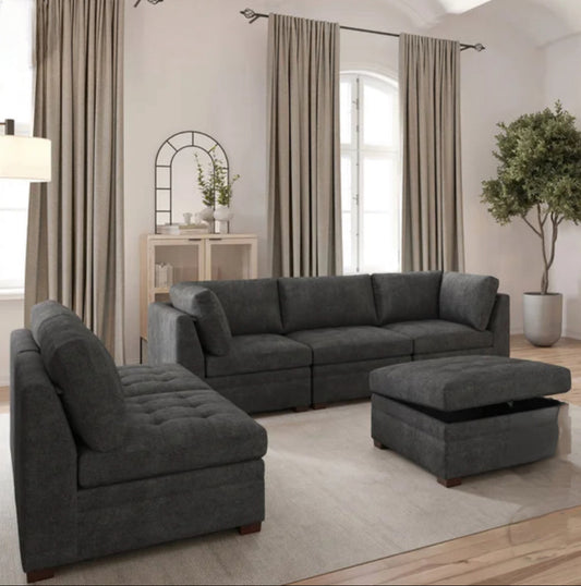 Thomasville Tisdale Modular Sectional 6-piece Dark Gray with Storage Ottoman & Armless Chair - Local Pick Up Only