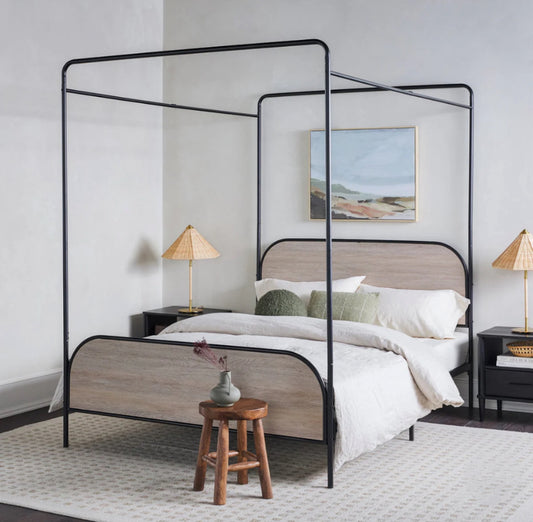 Industrial Bent Metal Queen Canopy Bed - Smoked Oak - Local Pick Up Only