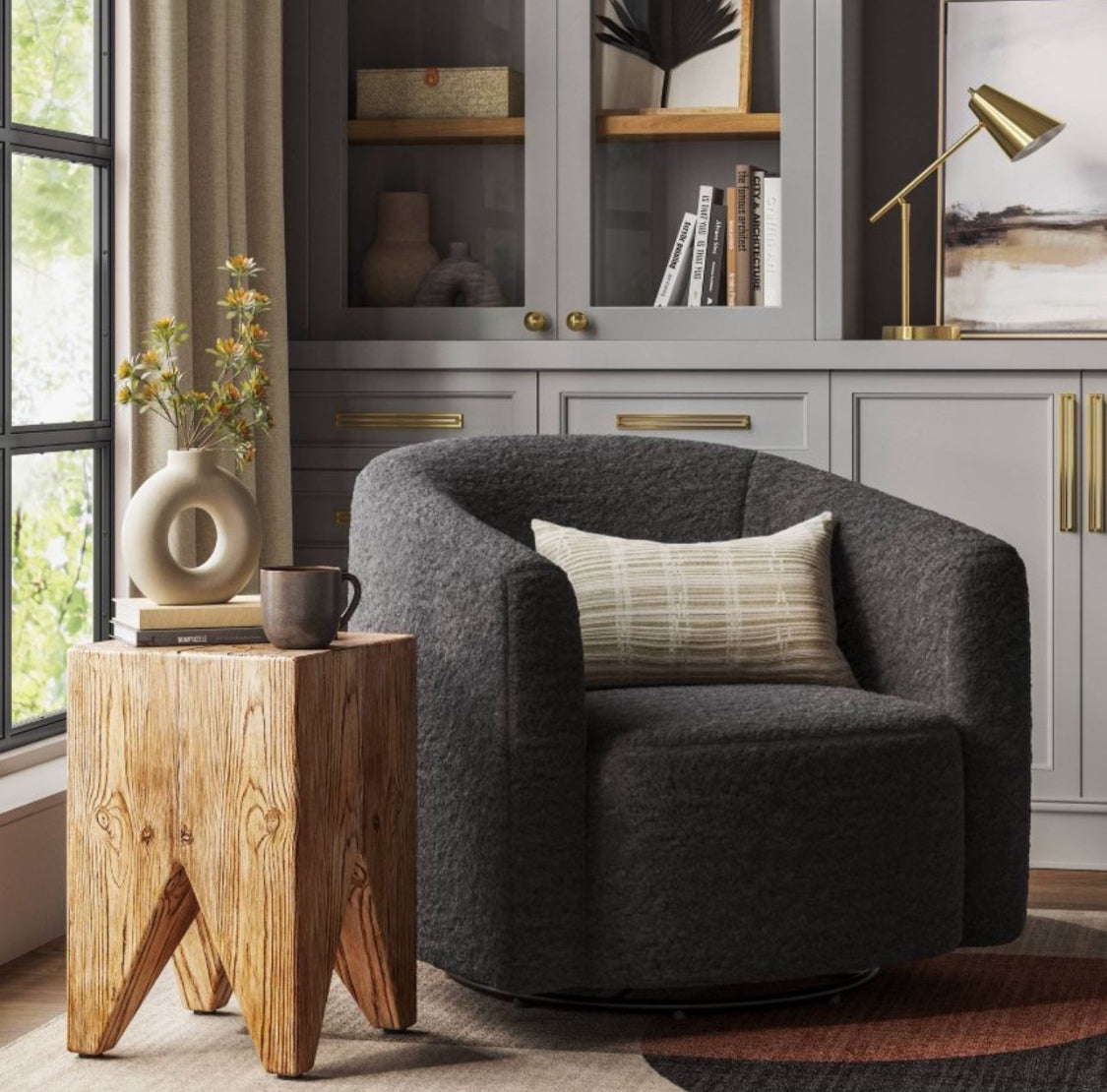 Large Aveline Swivel Chair Black Faux Shearling - Local Pickup Only